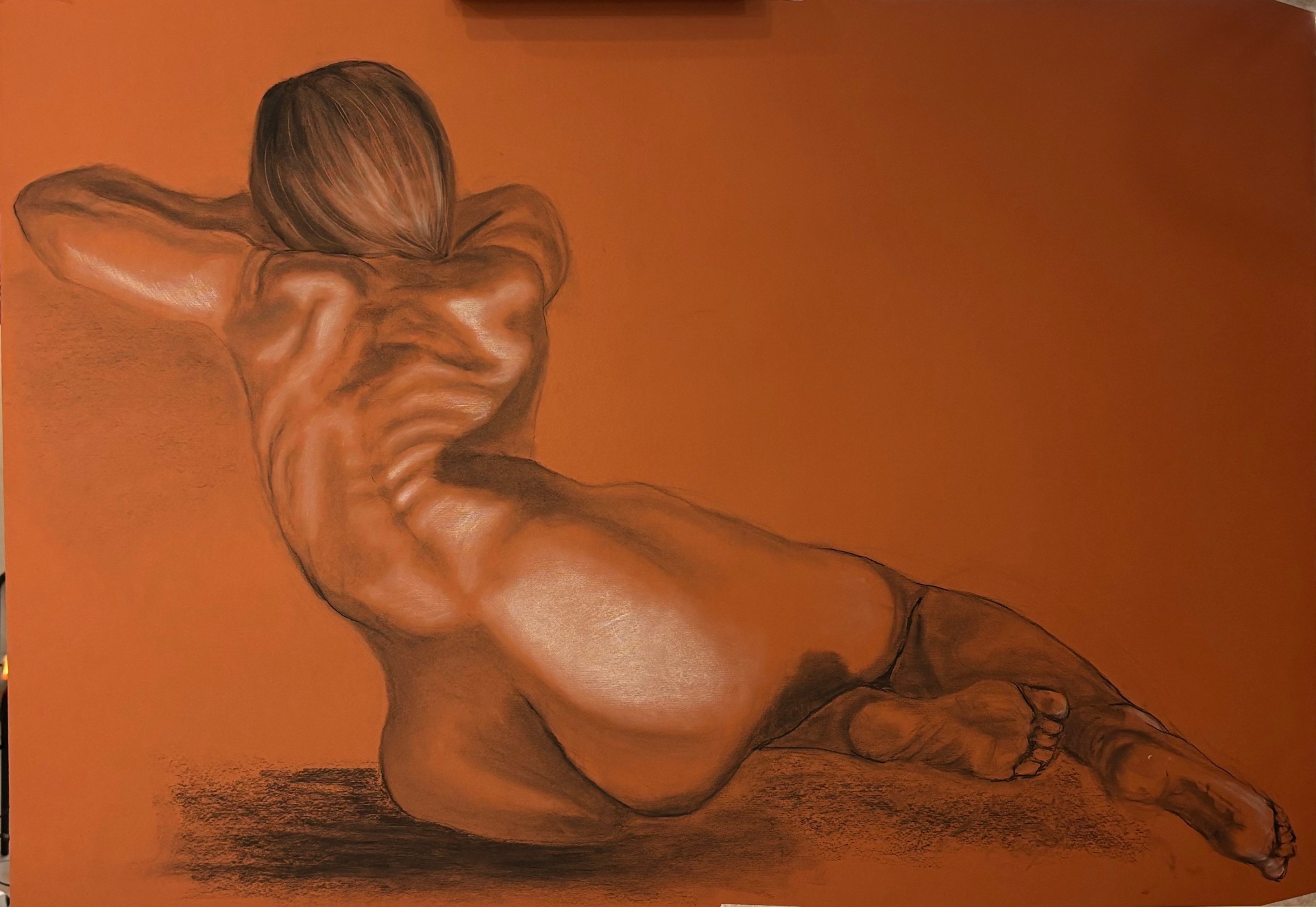 Figure Study — Charcoal and white chalk on colored paper, 60 x 45", 2023